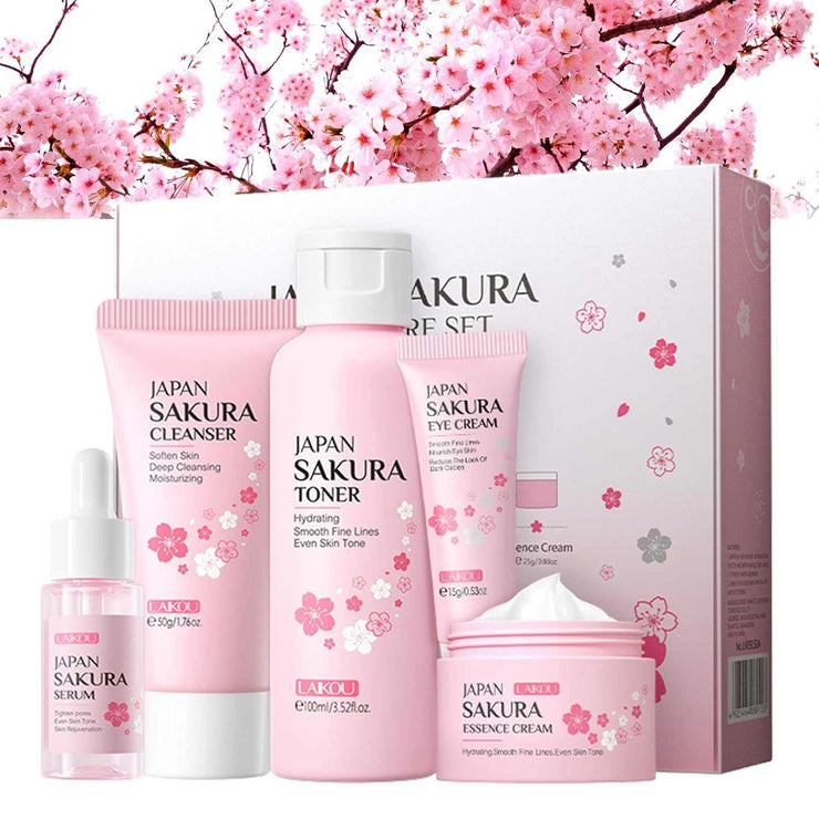 Pink Japan Sakura Skin Care Set with Cleanser, Toner, Serum, Eye Cream, and Essence Cream in gift box
