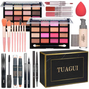 All-in-One Makeup Kit with eyeshadow palettes, lipsticks, brushes, foundation, mascara, and beauty blender in a sleek black and gold box