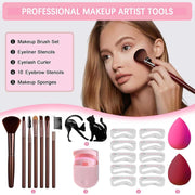 All-in-One Makeup Kit with brush set, eyeliner stencils, eyelash curler, eyebrow stencils, and makeup sponges