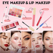 All-in-one makeup kit with eyeshadow, eyeliner, mascara, lipstick, eyebrow pencil, and brushes for teen girls.