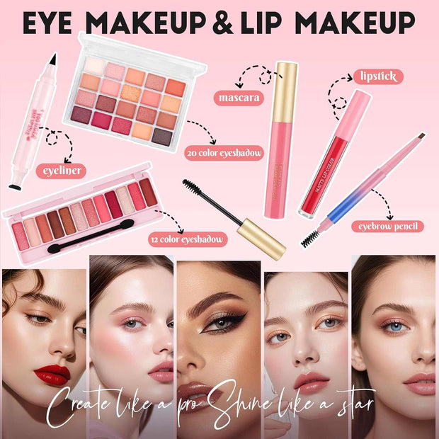 All-in-one makeup kit with eyeshadow, eyeliner, mascara, lipstick, eyebrow pencil, and brushes for teen girls.