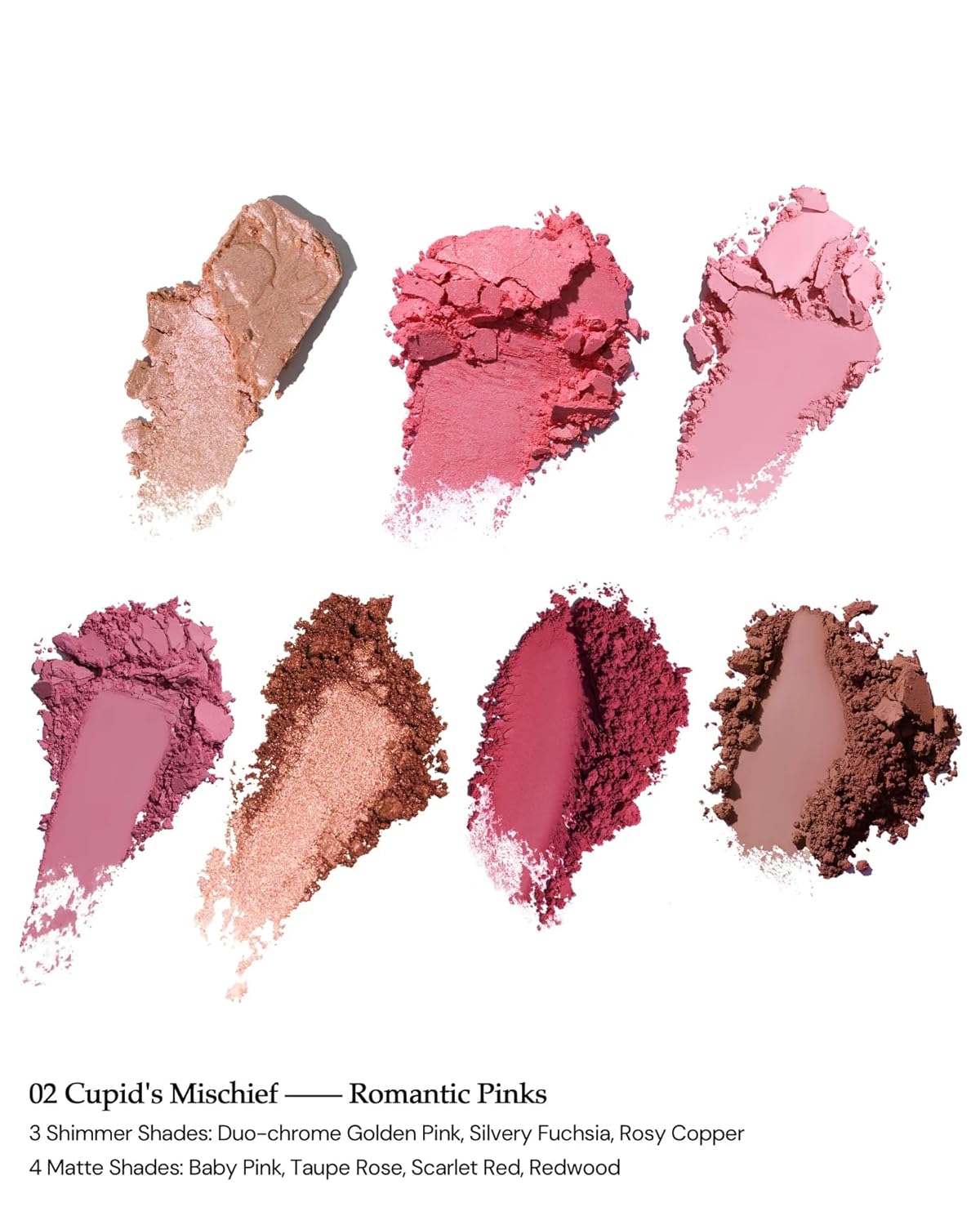 Strawberry Cupid Makeup Palette with 4 matte and 3 shimmer pink shades for eyes, cheeks, and face in compact gold case
