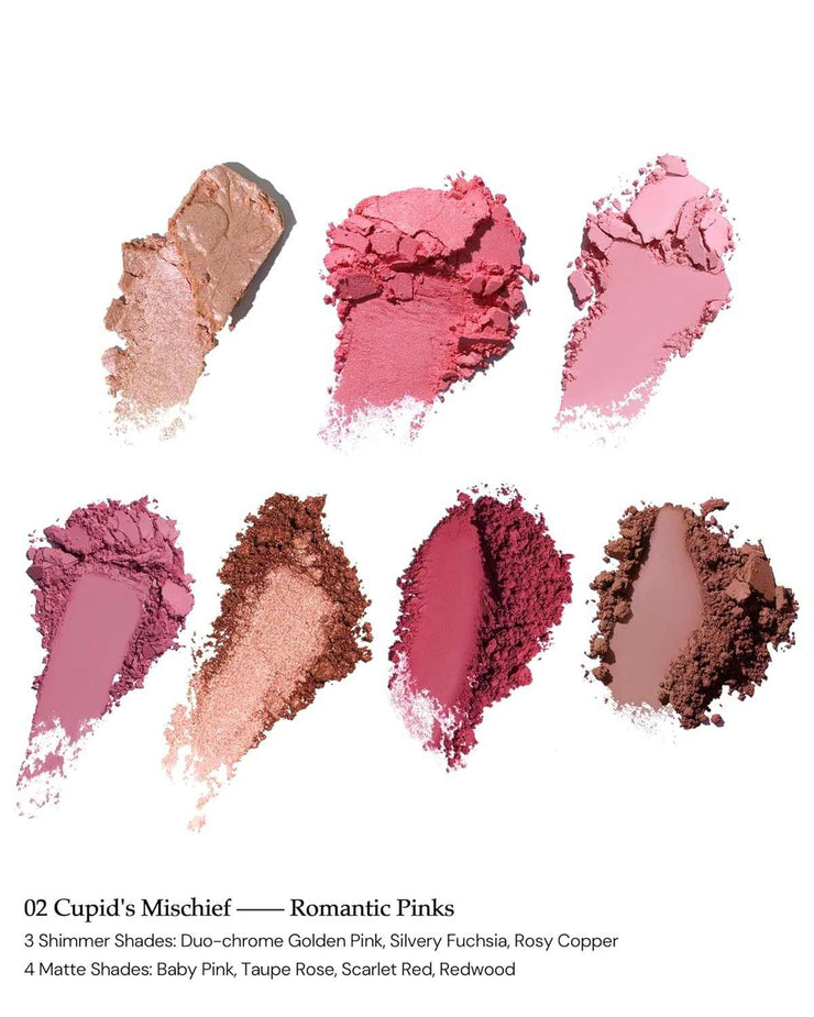 Strawberry Cupid Makeup Palette with 4 matte and 3 shimmer pink shades for eyes, cheeks, and face in compact gold case