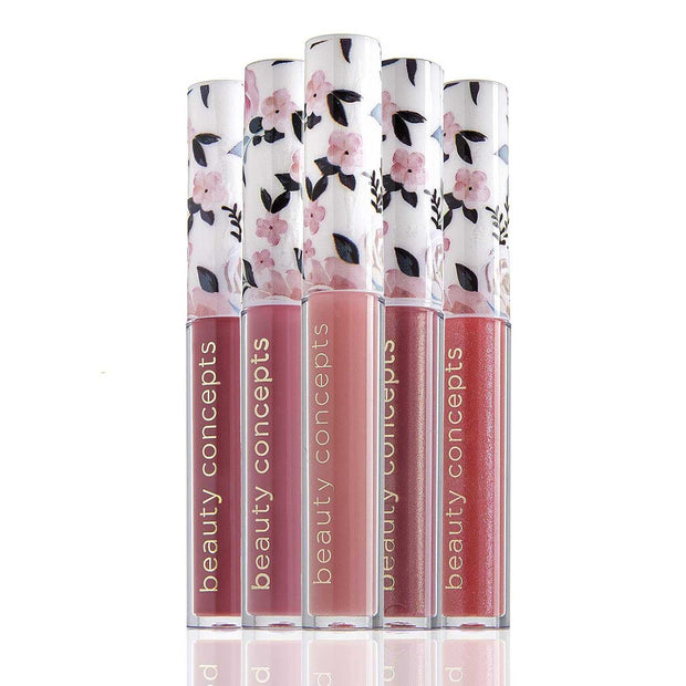 Lip Gloss Collection with floral caps in various shiny, hydrating shades for long-lasting wear