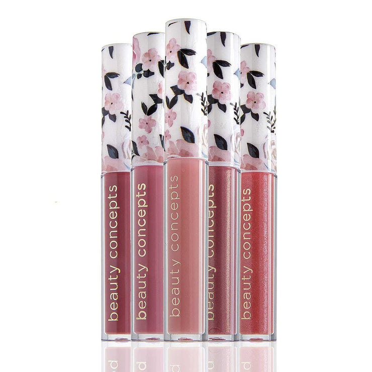 Lip Gloss Collection with floral caps in various shiny, hydrating shades for long-lasting wear