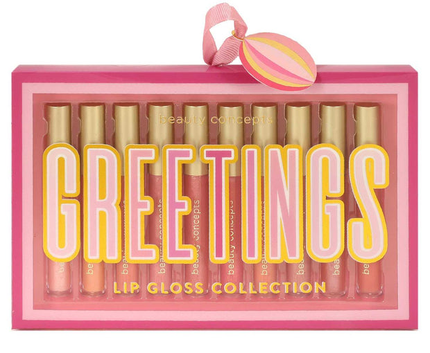 Lip Gloss Collection set with shiny, hydrating, long-lasting shades in pink packaging