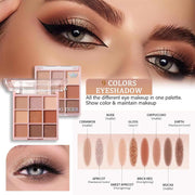 Makeup set for women with 9-color eyeshadow palette in nude, cinnamon, gloss, cappuccino, earth, apricot, sweet apricot, brick red, and mocha shades.