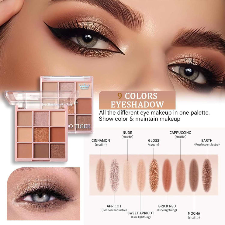 Makeup set for women with 9-color eyeshadow palette in nude, cinnamon, gloss, cappuccino, earth, apricot, sweet apricot, brick red, and mocha shades.