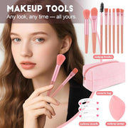 all-in-one makeup kit with pink brushes, cosmetic bag, eyebrow stencils, and makeup sponge for teen girls