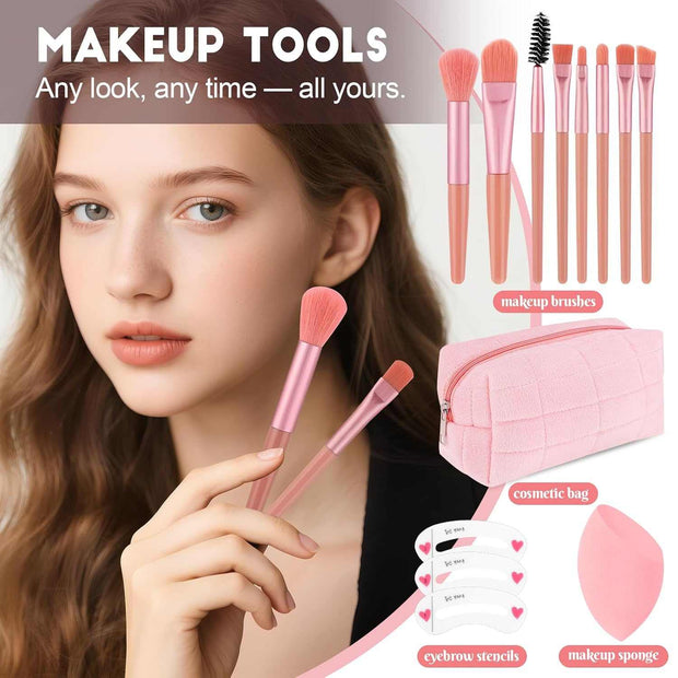 all-in-one makeup kit with pink brushes, cosmetic bag, eyebrow stencils, and makeup sponge for teen girls