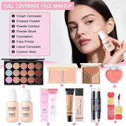 all-in-one makeup kit with full coverage face makeup including cream concealer, pressed powder, contour, blush, foundation, face primer, liquid concealer, contour stick with model application