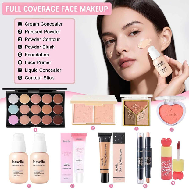 all-in-one makeup kit with full coverage face makeup including cream concealer, pressed powder, contour, blush, foundation, face primer, liquid concealer, contour stick with model application