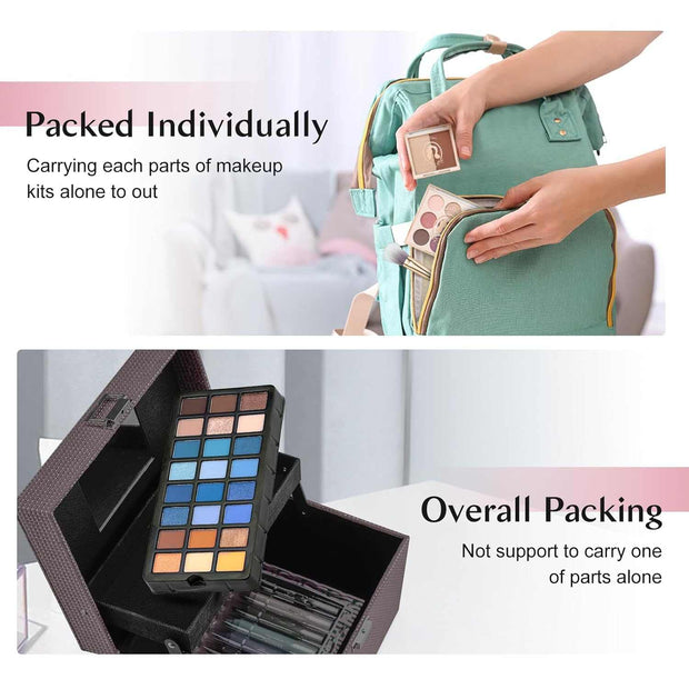 Girls makeup kit with pink train case, colorful eyeshadow palette, and lip gloss for teens and beginners