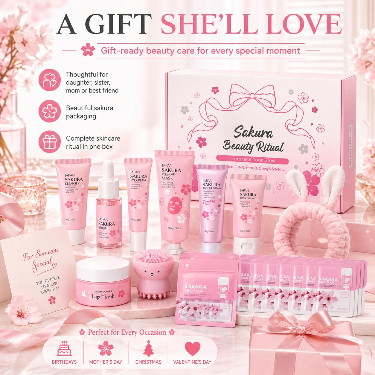 Japan Sakura Skin Care Set for Teen Girls, Skincare for Girls 10-12, Skin Care for Teens 10-12, Japanese Cherry Blossom Skin Care for Kids, Birthday & Mothers Day Gifts 30PCS