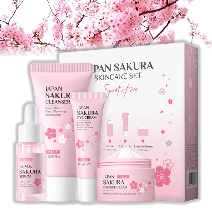 Japan Sakura Skin Care Set with Cleanser, Eye Cream, Serum, and Essence Cream in pink packaging with cherry blossom design