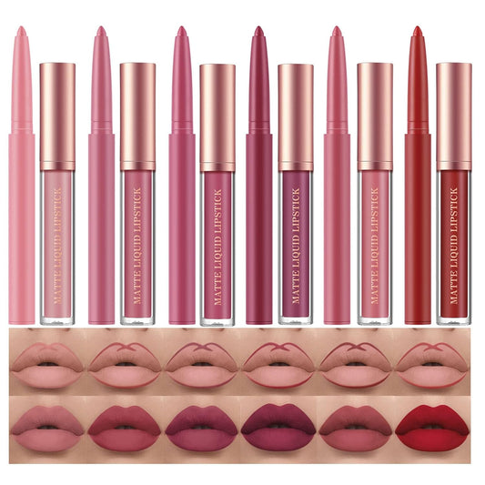 12Pcs Matte Liquid Lipstick + Lip Liner Pens Set, One Step Lips Makeup Sets Pigment Velvety Nude Lip Stain Waterproof Long Wear Lip Gloss Make up Gift Set (Set B)