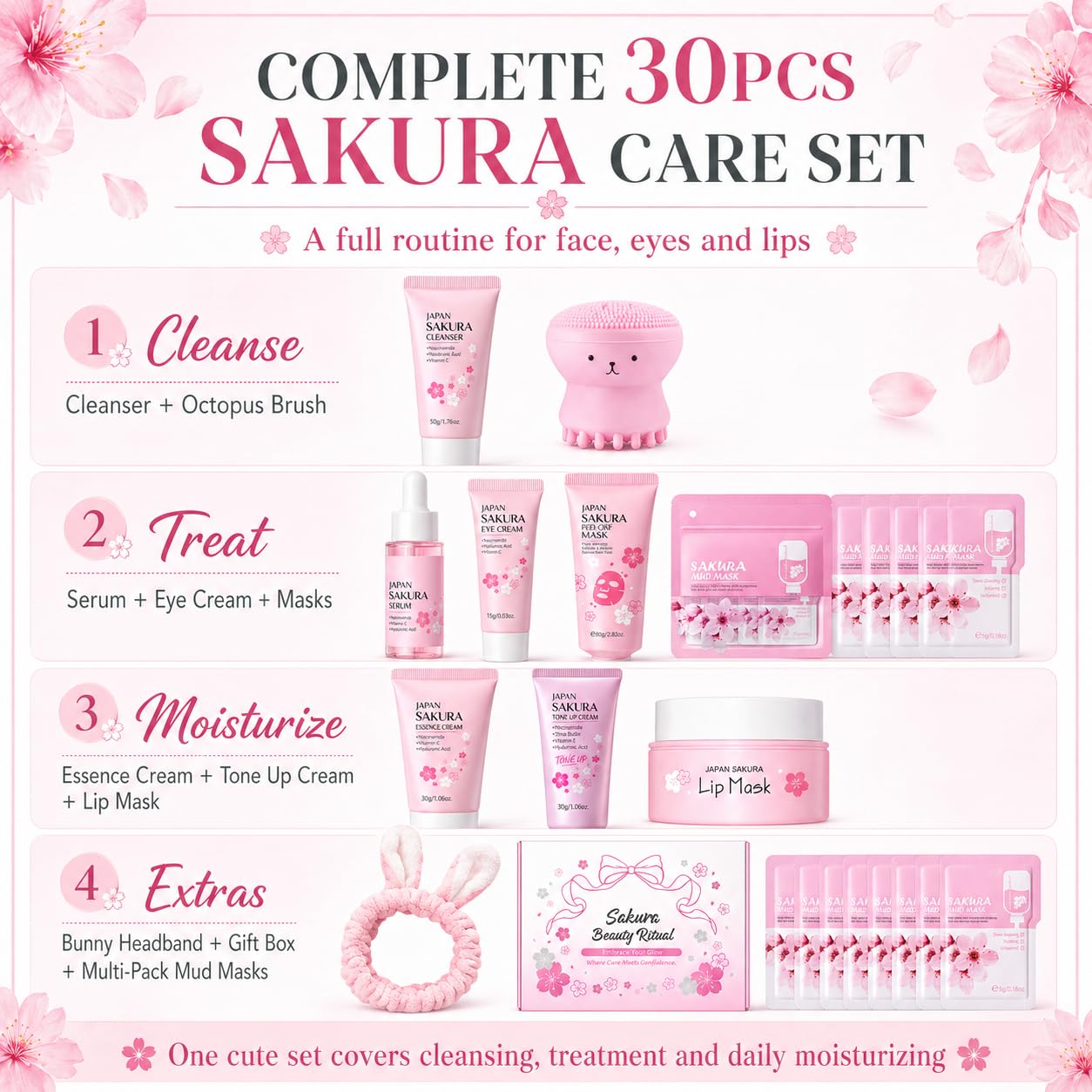 Japan Sakura Skin Care Set for Teen Girls, Skincare for Girls 10-12, Skin Care for Teens 10-12, Japanese Cherry Blossom Skin Care for Kids, Birthday & Mothers Day Gifts 30PCS