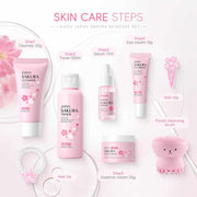 Sakura Beauty Skin Care Set for teenage girls with cleanser, toner, serum, eye cream, essence cream, and facial cleansing brush in pink packaging