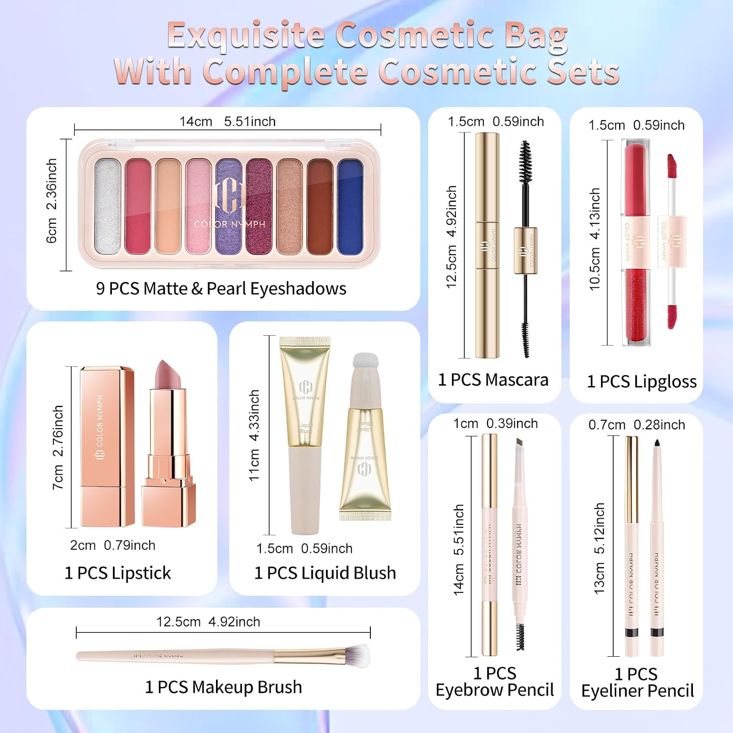 Makeup Kit for Women, Girls Beginner All in One Makeup Set with Sequin Bag, 9-Color Eyeshadow Palette, Lip Gloss, Eyeliner, Mascara - Orange Blue, Sparkling Party Wedding Evening Bag