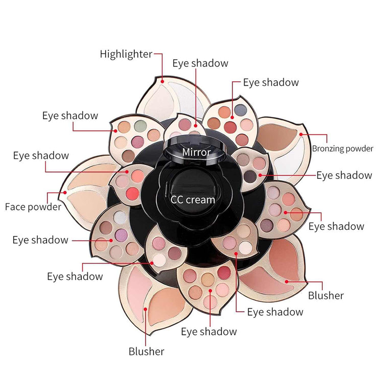 Cosmetic pack of 56 colors including eyeshadows, blushers, highlighter, bronzing powder, face powder, CC cream, and mirror arranged in a floral palette design