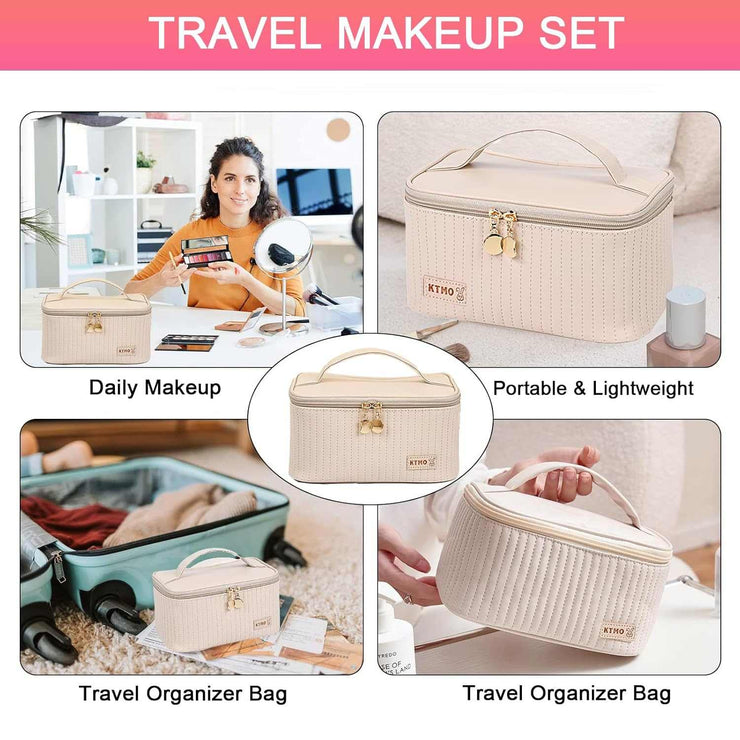 All-in-One Makeup Kit travel set with eyeshadow, lipstick, eyeliner, eyebrow pencil, and brush in a portable organizer bag for daily makeup and travel use