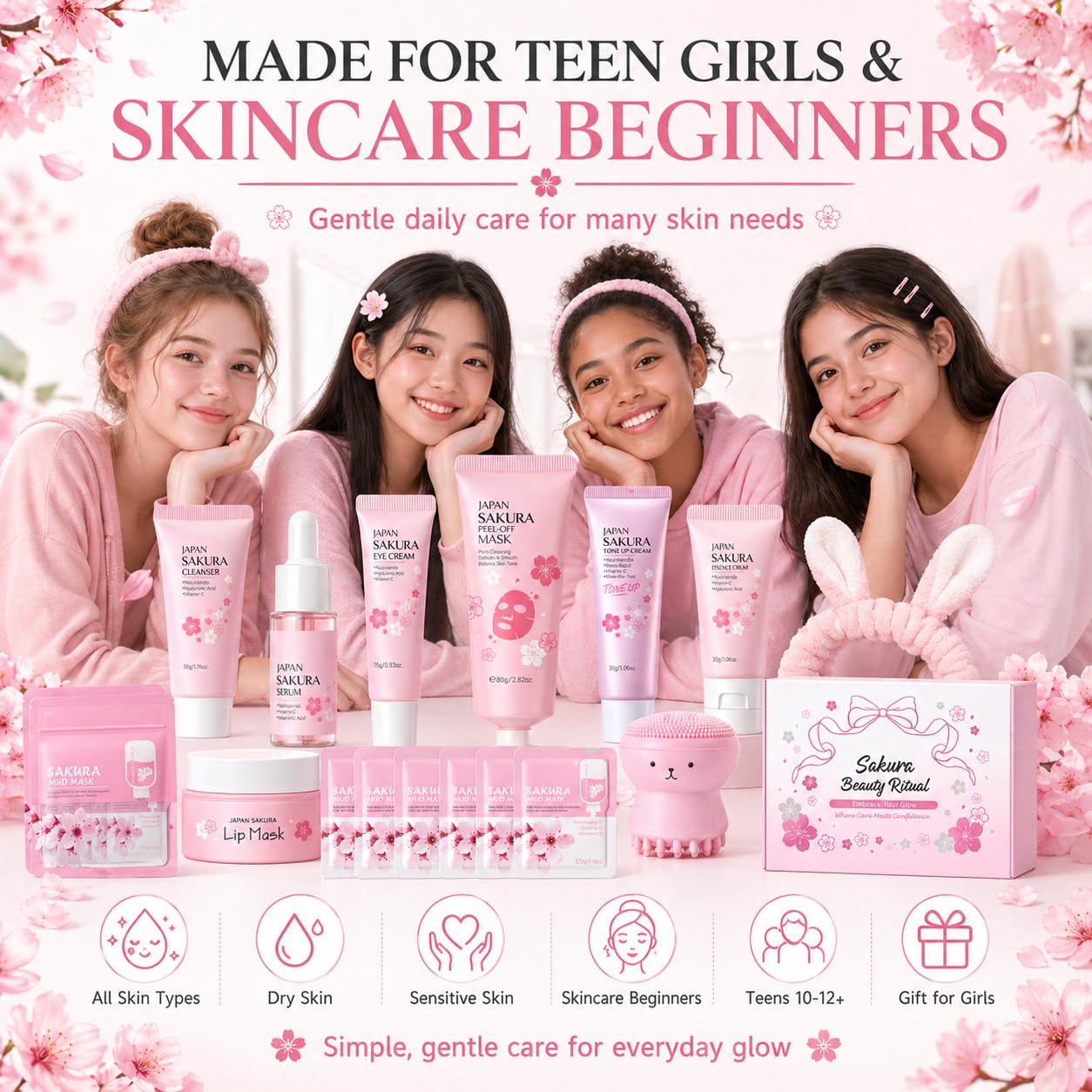 Japan Sakura Skin Care Set for Teen Girls, Skincare for Girls 10-12, Skin Care for Teens 10-12, Japanese Cherry Blossom Skin Care for Kids, Birthday & Mothers Day Gifts 30PCS