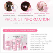 Japan Sakura Skin Care Set with cleanser, toner, serum, creams, hair clips, and facial brush in pink packaging
