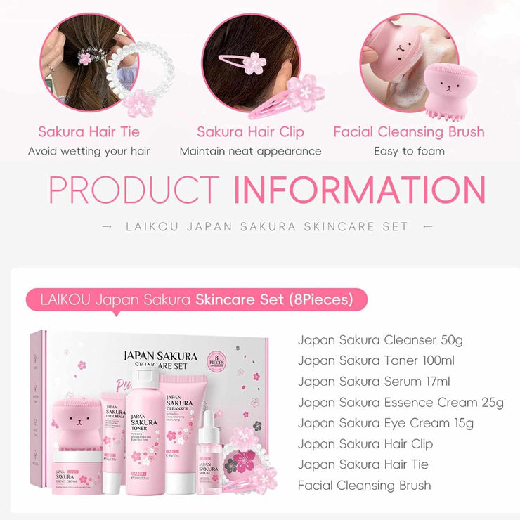 Japan Sakura Skin Care Set with cleanser, toner, serum, creams, hair clips, and facial brush in pink packaging