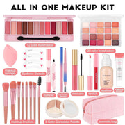 All-in-one makeup kit with eyeshadows, brushes, mascara, lipstick, eyeliner, concealer, primer, eyebrow pencils, sponge, stencils, and cosmetic bag for teen girls