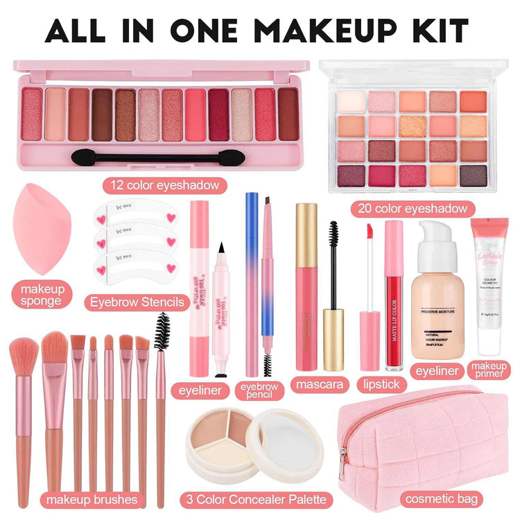 All-in-one makeup kit with eyeshadows, brushes, mascara, lipstick, eyeliner, concealer, primer, eyebrow pencils, sponge, stencils, and cosmetic bag for teen girls