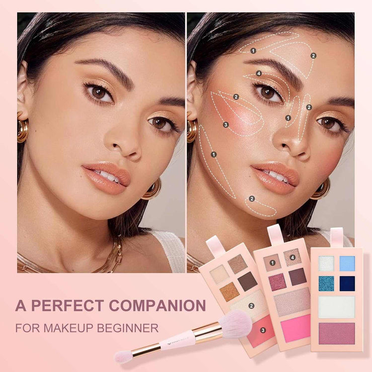 12-color makeup palette with eyeshadow, blush, and highlighter