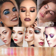 Collage of women wearing makeup looks with highly pigmented shimmer and glitter eyeshadows from 10-Color Eyeshadow Palette in gold tones