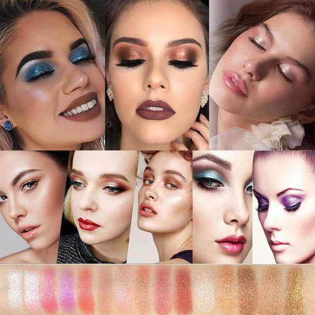 Collage of women wearing makeup looks with highly pigmented shimmer and glitter eyeshadows from 10-Color Eyeshadow Palette in gold tones