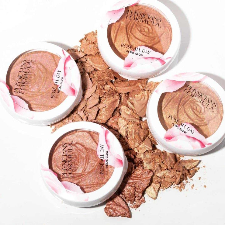 Physicians Formula Rosé All Day Set with four petal glow highlighters in rose gold shades, displayed with crushed powder samples.