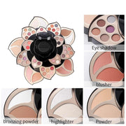 Cosmetic pack of 56 colors with eyeshadows, blushers, bronzing powder, highlighter, and face powder in a travel-friendly floral palette.