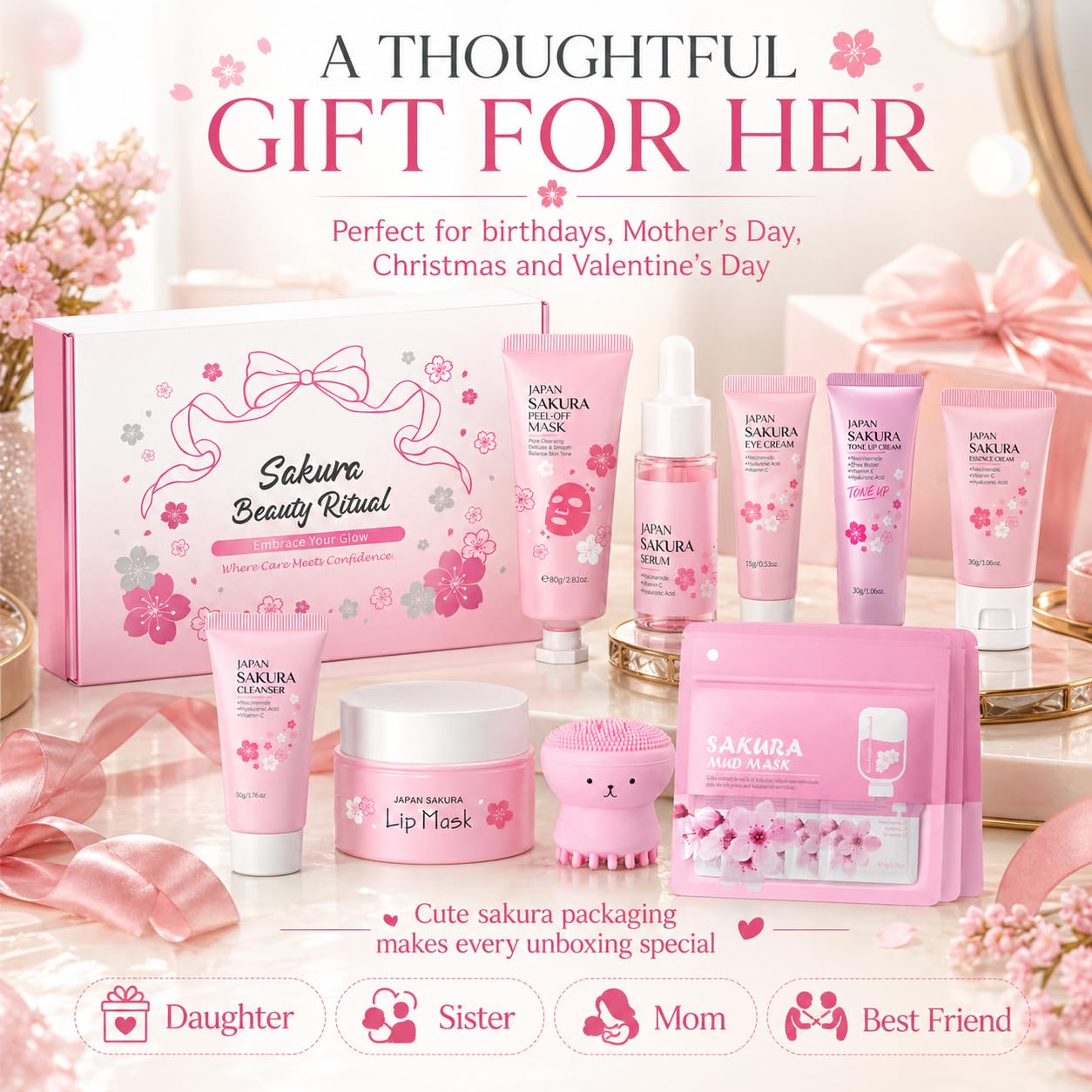 Japan Sakura Skin Care Set for Teen Girls, Skincare for Girls 10-12, Skin Care for Teens 10-12, Japanese Cherry Blossom Skin Care for Kids, Birthday & Mothers Day Gifts 30PCS