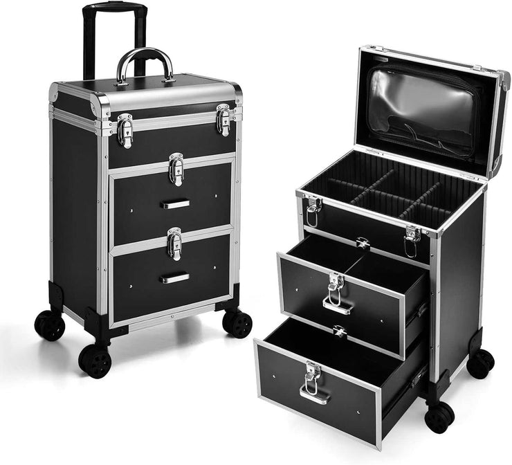 Professional black rolling makeup case with drawers and locks, durable aluminum trolley for cosmetics storage and travel.