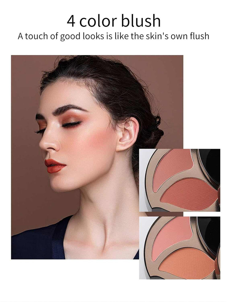 Woman with radiant makeup using 4 color blush palette from cosmetic pack of 56 colors