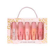 Tahari 5-piece lip gloss set with five hydrating, shiny shades in a pink and gold leopard print gift-ready pack