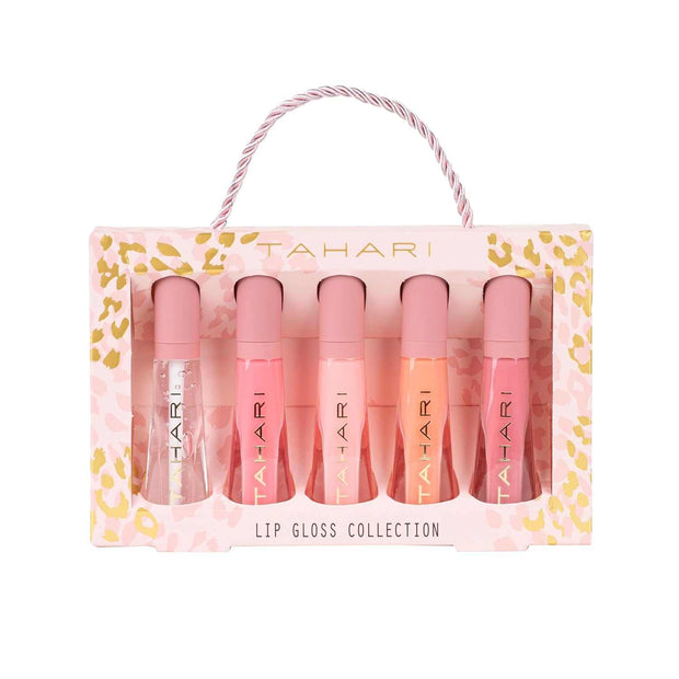 Tahari 5-piece lip gloss set with five hydrating, shiny shades in a pink and gold leopard print gift-ready pack