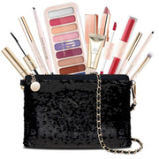 Makeup kit for teen girls with 9-color eyeshadow palette, liquid blush, lip gloss, mascara, and sequin crossbody bag