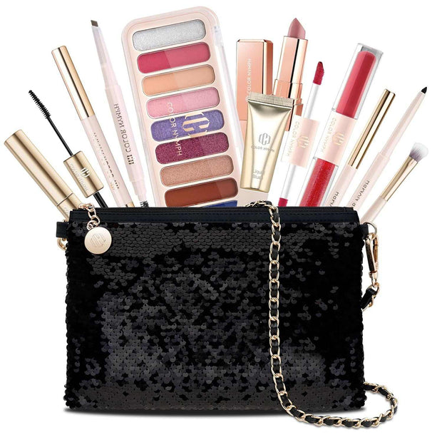Makeup kit for teen girls with 9-color eyeshadow palette, liquid blush, lip gloss, mascara, and sequin crossbody bag