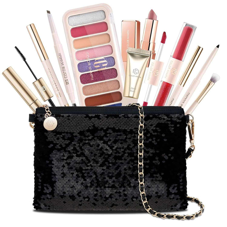 Makeup kit for teen girls with 9-color eyeshadow palette, liquid blush, lip gloss, mascara, and sequin crossbody bag