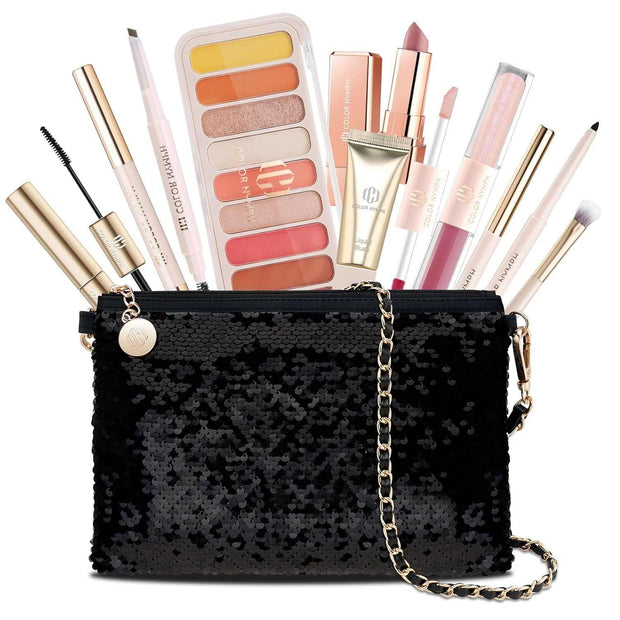 Makeup kit for teen girls with 9-color eyeshadow, blush, lip gloss, mascara, and sequin bag