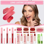 All-in-One Makeup Kit featuring long-lasting lipsticks, lip glosses, and moisturizing aloe vera lipstick with vibrant shades and smooth application.