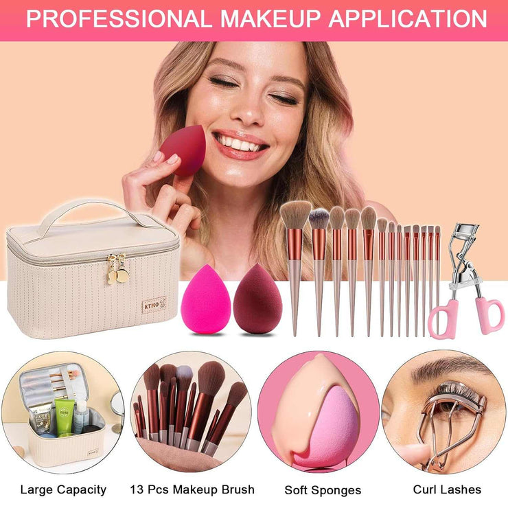 All-in-One Makeup Kit with brushes, sponges, eyelash curler, and storage case for women and teens.