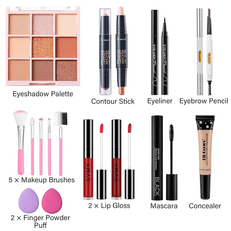 Makeup set for women with eyeshadow palette, contour sticks, eyeliners, eyebrow pencil, makeup brushes, lip glosses, mascara, concealer, and powder puffs in a compact kit