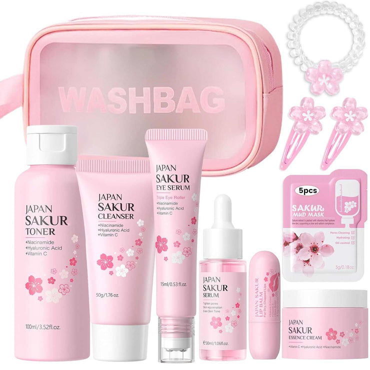 Pink Japan Sakur skin care set with toner, cleanser, serum, eye cream, face cream, and travel washbag for teenage girls and women