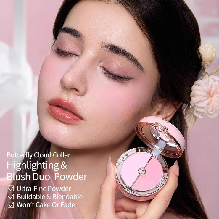 Butterfly Cloud Collar highlighting and blush duo powder in pink matte with ultra-fine, buildable, blendable formula