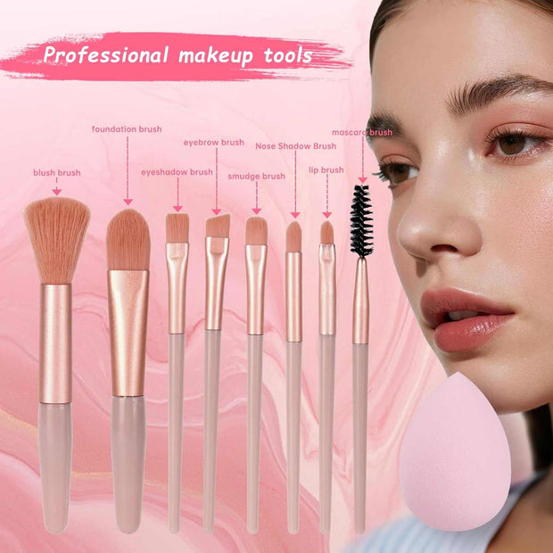 All-in-One Makeup Set with professional brushes and pink beauty sponge on model's face